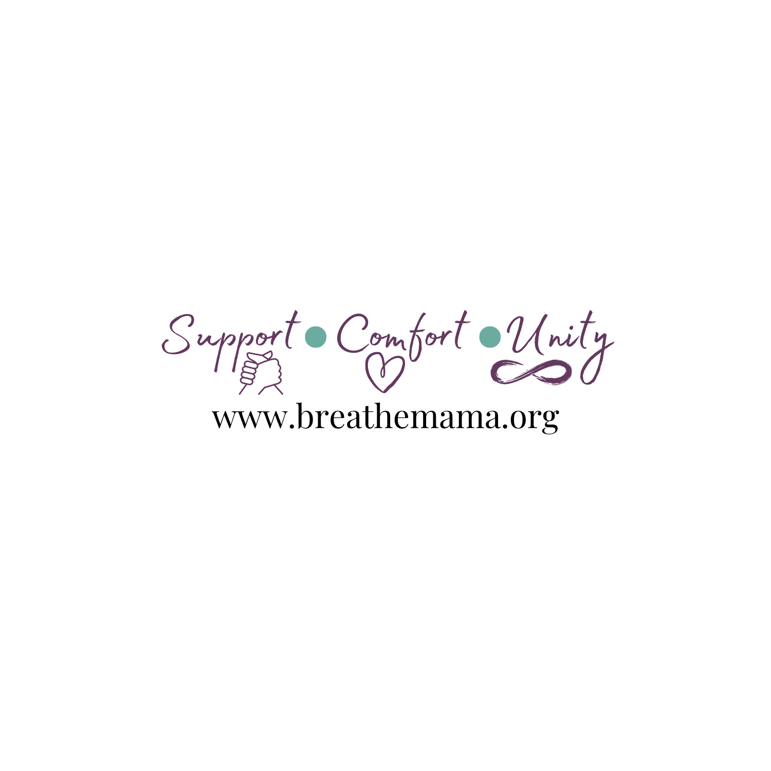 Support, Comfort, Unity text with hand, heart, and infinity icons above the website breathemama.org.